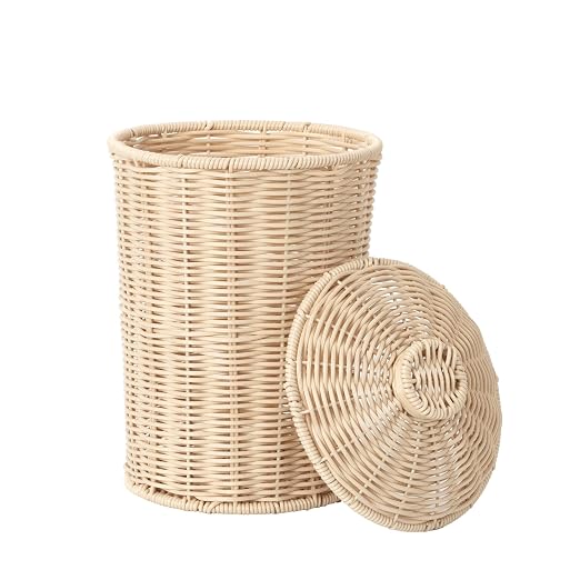GRANNY SAYS Wicker Small Bathroom Trash Can with Lid, 2 Gallon Cute Decorative Waste Basket for Bedroom and Dorm, Office Garbage Cans for Under Desk, Mini Round Trash Bin for Decor, Off White by GRANNYSAYS