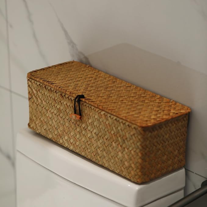 Seagrass Tank Basket with Lid Woven Toilet Roll Storage Basket with Sections Rectangular for Organize Snack Toys Tampon (Large Compartment 16.5inch L x 5.5inch W x 5.5inch H) Natural - Image 8