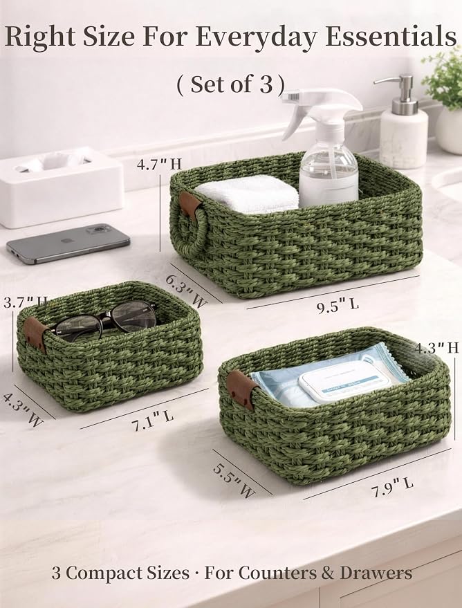 Storage Basket, Recycled Paper Rope Bathroom Basket Organizer, 3Pcs Small Baskets for Organizing, Mini wicker Basket for Decorative Storage Bins, Shelves, Bathroom, Cabinet - Green - Image 2