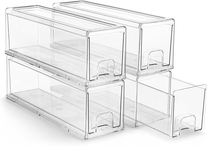 Sorbus Small Clear Stackable Storage Drawers – 4-Pack Plastic Organizer Bins with Handles – Stackable Pull-Out Storage Drawers for Closet, Pantry, Office, Bathroom, Craft, and Toy Organization by Sorbus