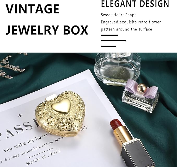 Hipiwe Vintage Jewelry Box Heart Shape Trinket Chest Metal Gold Treasure Storage Case for Rings Earrings Necklace Keepsake Organizer Gift for Woman - Image 2