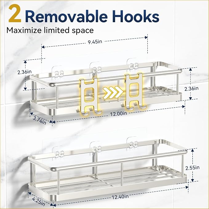 YASONIC Shower Caddy Adhesive, No Drill Bathroom Shower Organizers, with Removable Hooks, Rust Proof Shower Shelves, Wall-Mounted Shower Holder, 2 Pack Silver - Image 2