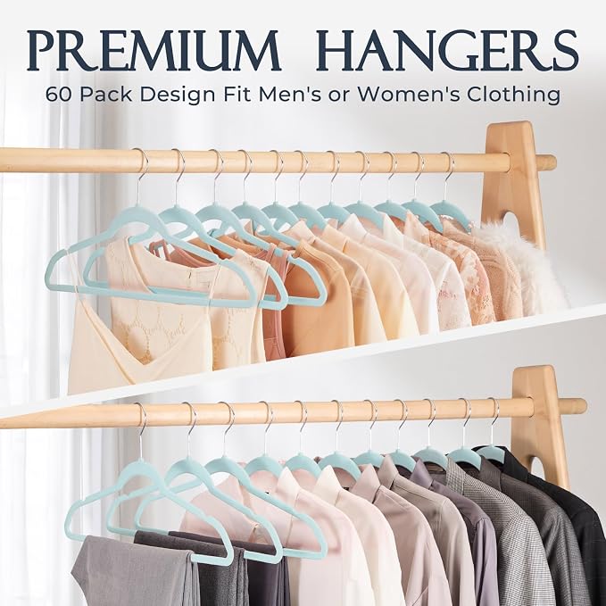 HOUSE DAY Sky Blue Velvet Hangers 60 Pack, Non Slip Clothes Felt Hanger Heavy Duty for Coat, Premium Slim Space Saving Suit Hangers for Closet Organizer, 360° Rotating Silver Hook - Image 8