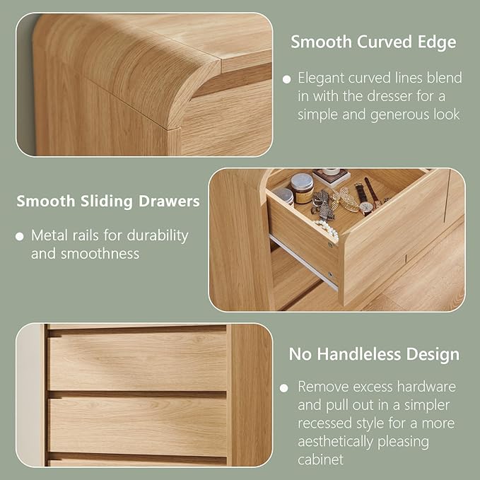 Aitjunz Modern 6 Drawers Dresser for Bedroom, 47" Wide Wood Dressers & Chests of Drawers w/Curved Profile Design, Mid Century Modern Dresser w/Natural Texture for Bedroom, Living Room, Natural Oak