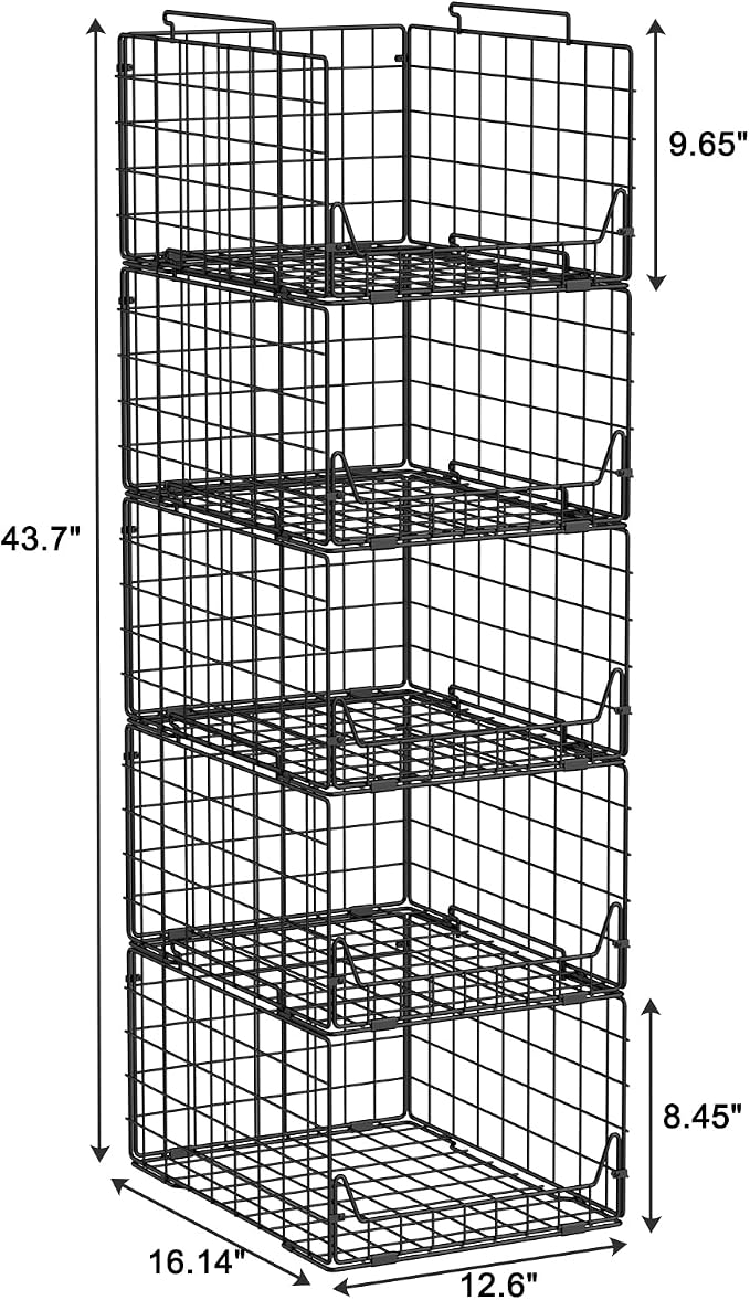 Jakyitvi 5-Tier Stackable Closet Organizer Shelf – Foldable Metal Storage Bins for Clothes, Sweaters & Towels | Stylish Black Wire Baskets for Bedroom, Wardrobe, Dorm or Entryway - Image 3