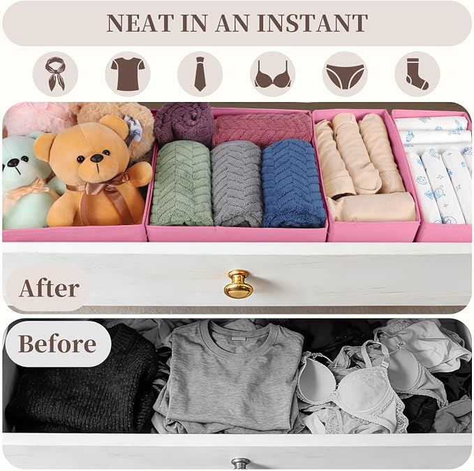 Drawer Organizer Clothes, 16 Pack Dresser Organizer Bins, Foldable Closet Organizers and Storage Fabric Dresser Bins, Shallow Drawer Dividers for Clothing, Underwears, Socks, Tie - Image 3