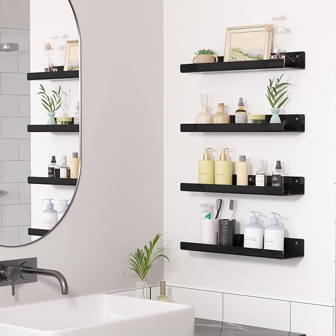 upsimples Acrylic Shelves for Wall Decor, 15" Display Shelf Perfume Organizer for Bathroom, Bedroom, Living Room, Floating Bookshelves for Kids, Black, 2 Pack - Image 4