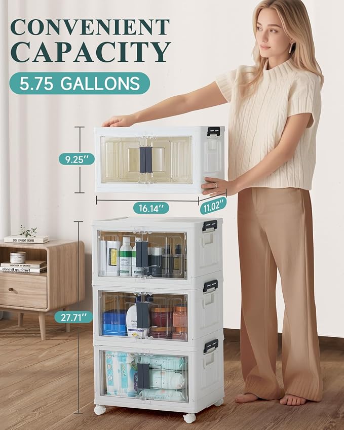 OlarHike 23QT Stackable Storage Bins with Lids - Folding Storage Box with Doors and Wheels, Collapsible Plastic Storage Bins for Closets and Organization, Bathroom, Office, Gifts, 3 Pack Cubes - Image 5