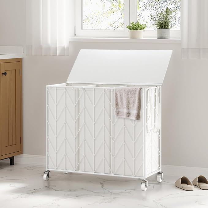 WOWLIVE Laundry Basket with Wheels, 142L Laundry Hamper 3 Section with Lid, Dirty Clothes Hamper with Removable Bags, Large Capacity Iron-Made Laundry Basket Organizer Laundry Sorter for Dorm, White - Image 2