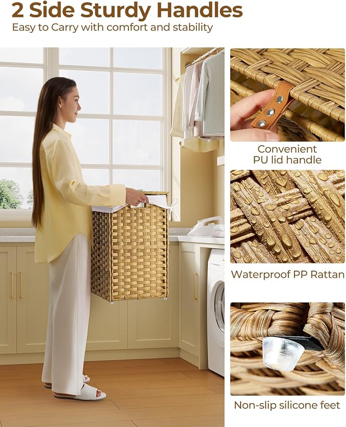 GREENSTELL Laundry Hamper with Lid, 60L Clothes Hamper with 2 Removable Liner Bags & 2 Mesh Laundry Bags, Handwoven Synthetic Rattan Laundry Basket for Clothes, Toys in Bathroom, Bedroom Natural - Image 3