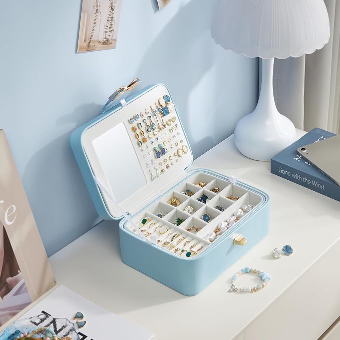 Lolalet 2 Layer Jewelry Box for Teen Girls & Young Women, Jewelry Organizer Case with Bow Clasp and Mirror for Earrings Rings Necklaces Storage, Gift Idea -Blue - Image 6