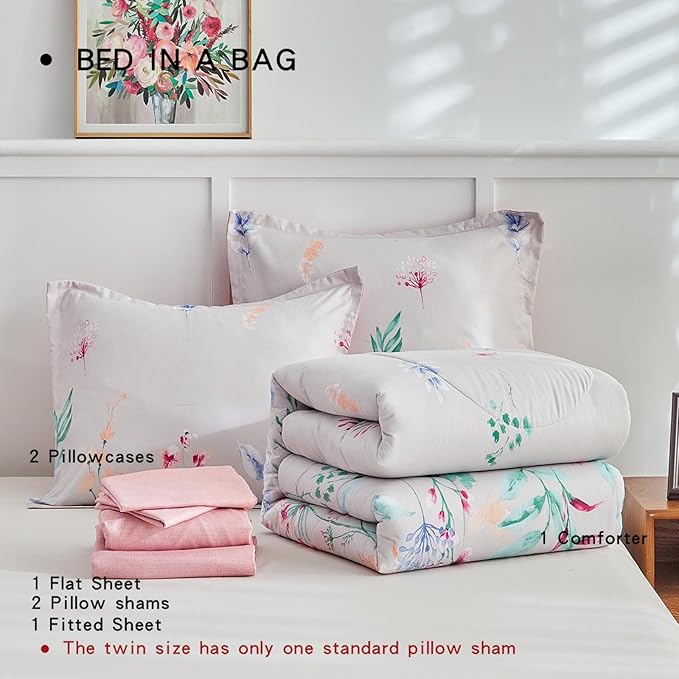 AIKASY 7-Piece Comforter Set Bed in a Bag, King Size, Floral Watercolor Pattern - Bedding Set with Comforter, Pillow Shams, Fitted Sheet, and Pillowcases - Soft and Cozy All-Season (Pink Floral)