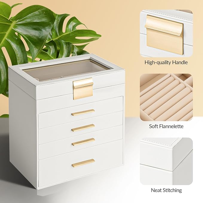Somduy Jewelry Box, 5 Layers Jewelry Storage Display Box with Glass Lid for Women, 4 Drawers,Large Capacity for Necklace Earrings Bracelets Rings,White - Image 6