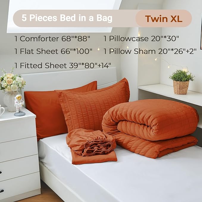 MUXHOMO 5 Pieces Twin XL Comforter Set, Seersucker Bed in a Bag Twin XL Size, All Season Luxury Bedding Set with Comforter, Flat Sheet, Fitted Sheet, Pillowcase & Sham, Burnt Orange