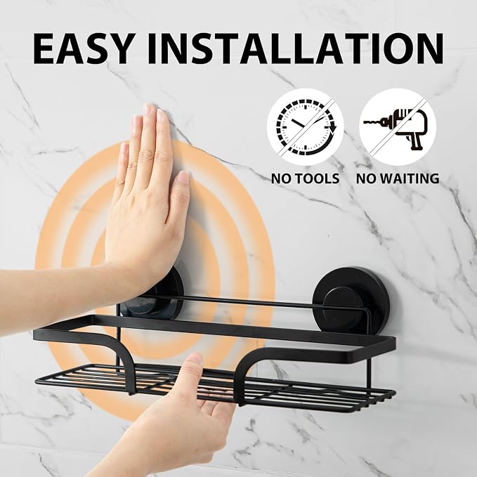 LEVERLOC 2 Pack Shower Caddy Suction Cup, Shower Shelves for Inside, Rustproof Metal Bathroom Storage NO-Drilling Bath Organizer with Large Capacity,Heavy Duty Storage Basket,Home Decor,Black - Image 3