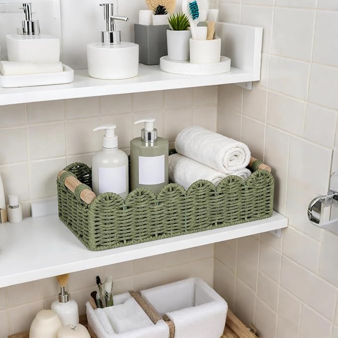 CubesLand Toilet Paper Storage Basket Scalloped Edge Home Decor Green Basket, Living Room Cozy Decor, Paper Rope Small Baskets for Over Toilet Storage Shelf, End Table, Shelves, with 2 Wooden Handles - Image 4