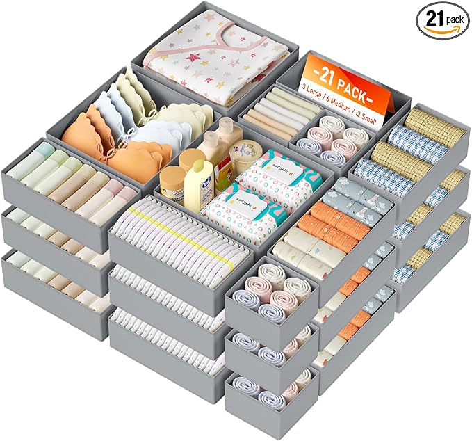 DIMJ Drawer Organizer Clothes, 21 Pack Dresser Organizer, Foldable Closet Organizers and Storage, Fabric Dresser Bins, Drawer Dividers for Nursery, Baby Clothes, Underwears, Sock by DiMJ