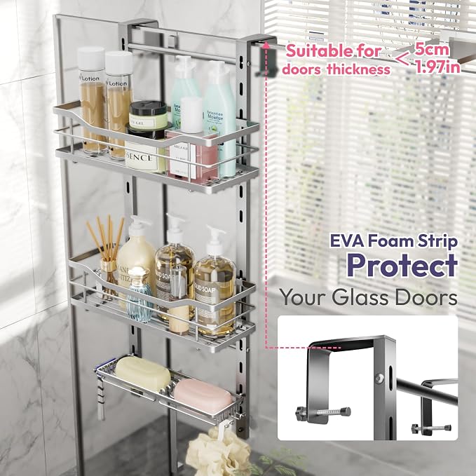 SWTYMIKI Over the Door Shower Caddy - 3 Tier Adjustable Shower Organizer Hanging with Soap Holder, No Drilling Stainless Steel Bathroom Rack Hanging for Body Wash, Shampoo, Soap, Razor, Silver - Image 4
