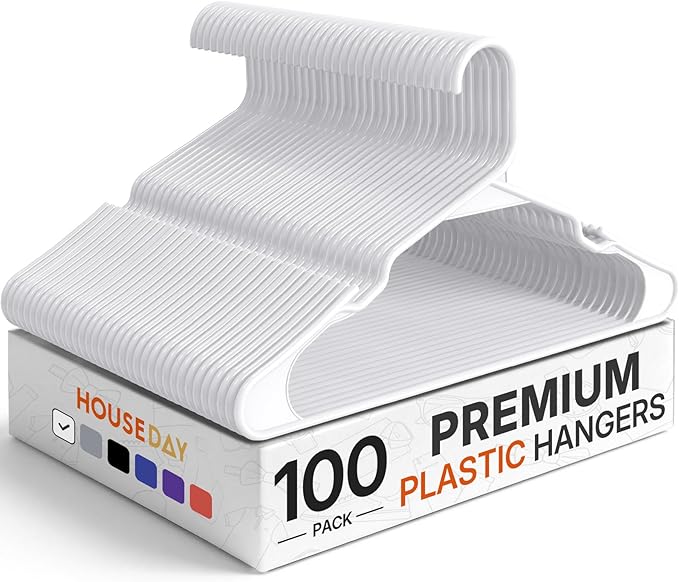 HOUSE DAY Plastic Hangers 100 Pack - Adult Clothes Hangers White - Space Saving, Non-Slip, Durable & Sturdy Hanger with Shoulder Grooves for Closet, Perfect Slim Coat Hanger - Ganchos para Colgar Ropa by HOUSEDAY