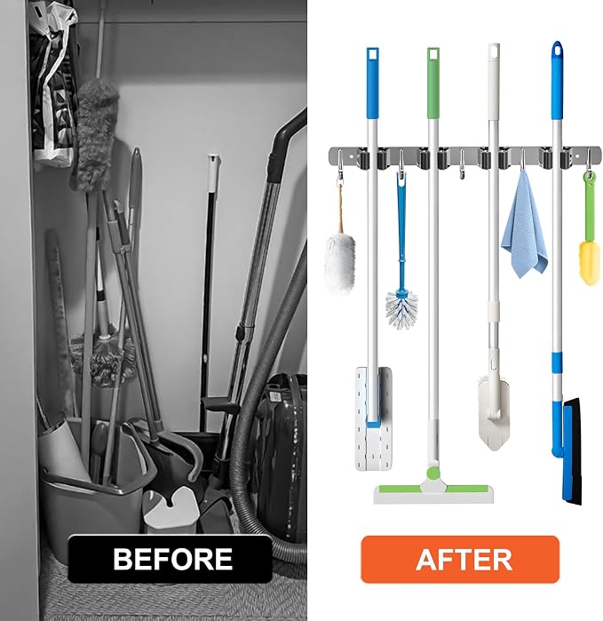 ZONGOOL 2 Pack Mop Broom Holder Wall Mount, 4 Racks and 5 Hooks Broom Organizer Storage Tool Racks Stainless Steel Non-slip Wall Hanger for Home Kitchen Garden Laundry Garage (Silver) - Image 5