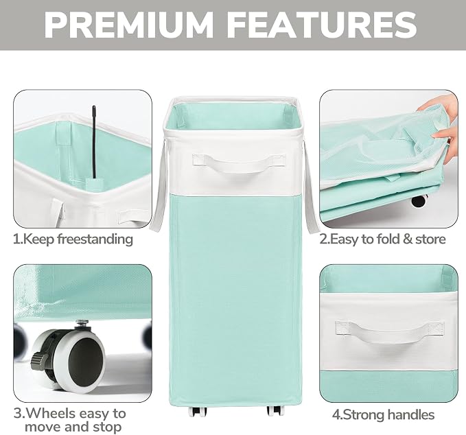 Goodpick Laundry Basket with Wheels, 75L Laundry Hamper with Wheels, Large Laundry Basket with Removable Wash Bag, Clothes Hamper for Laundry, Blue&White - Image 4