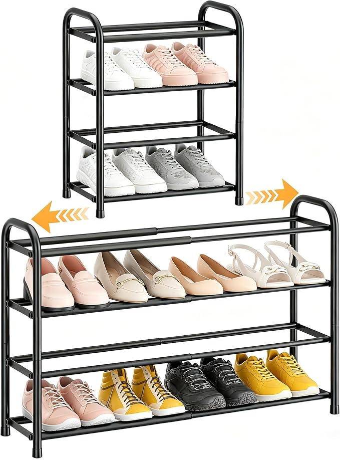 ENJOYBASICS 4 Tier Expandable Shoe Rack for Closet, Free Standing Metal Shoe Shelf Storage Organizer Holder 16 Pairs, Adjustable Width Shoe Rack for Entryway Small Space, Black by ENJOYBASICS