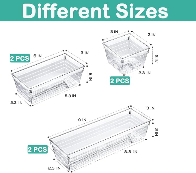 DCA 6 Pack Clear Drawer Organizer, Acrylic Drawer Storage Trays, Storage Bins for Makeup, Cosmetics, Jewelries, Utensils, Gadgets, Office - Image 5