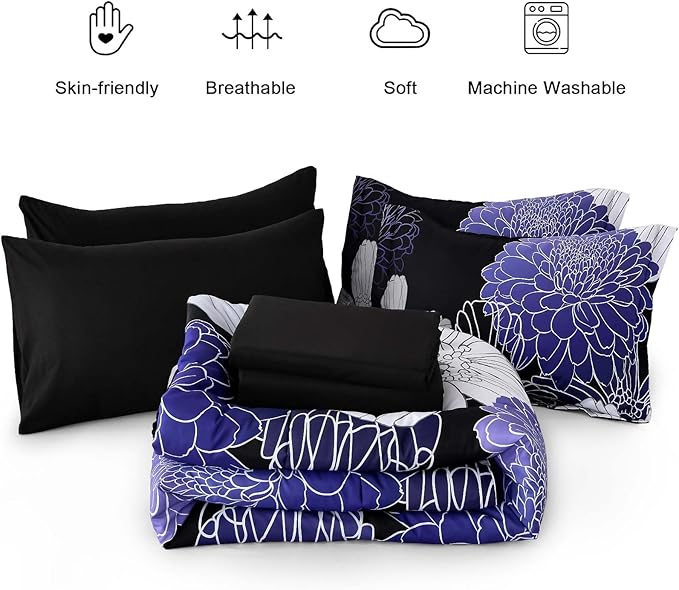 Yiran Floral Comforter Set King 7 Pieces Bed in a Bag Purple White Black Flower Comforter Soft Microfiber Bedding Sets for All Seasons 104"×90"