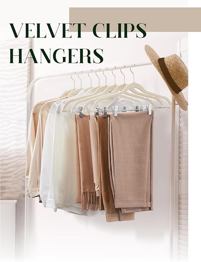 Cozymood Velvet Skirt Hangers 36 Packs Ultra Thin Hangers with Clips Non Slip Velvet Pant Hanger Space Saving Clothes Hanger with Clips for Pants, Skirts, Jeans, Shorts (Beige) - Image 5