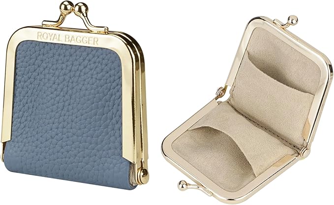 Royal Bagger Genuine Cow Leather Ultra-Slim Mini Jewelry Box, Ring & Necklace Storage, Slim Coin Purse with Kiss Lock for Women 3120 (Linen Blue) by ROYALBAGGER