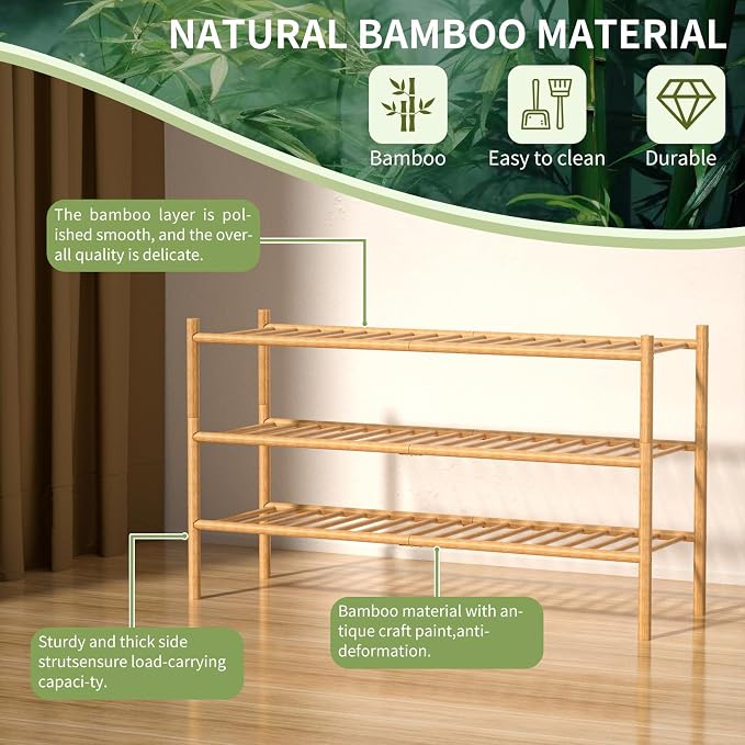 ROMGUAR CRAFT 3-Tier Bamboo Long Shoe Rack, Free Standing Wood Shoe Shelf Storage Organizer for Closet Entryway Stackable 35"x11"x20" (Natural) - Image 5