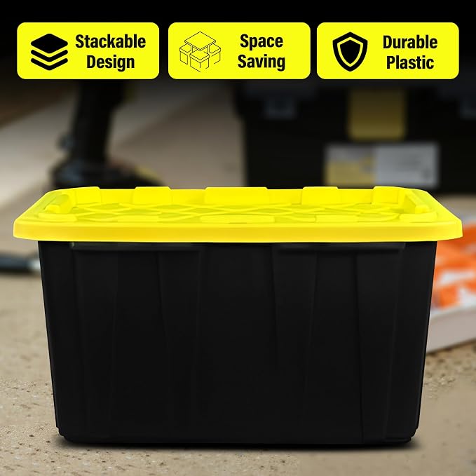 BLACK & YELLOW 27-Gallon Storage Bin with Snap-on Lid, Heavy Duty Plastic Storage Bins with Lid, Stackable, 2 Pack - Image 4