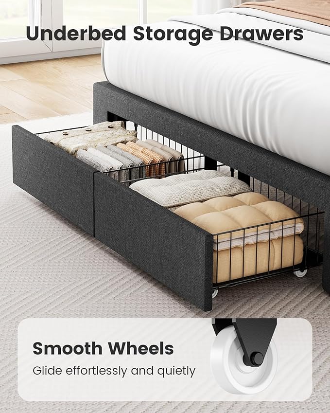 Pipishell Full Bed Frame with 2 Storage Drawers, 12 Sturdy Legs, Solid Wooden Bed Base with Upholstered Headboard for 6″ to 14″ Mattresses, 1300 lbs High Weight Capacity, Easy Assembly, Dark Gray