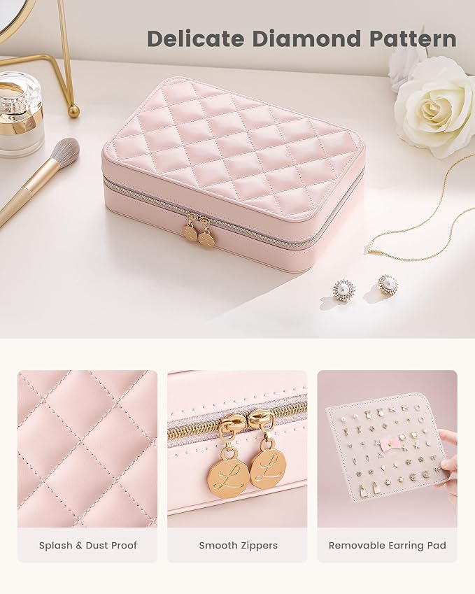Lolalet Travel Jewelry Case for Women Girls, PU Leather Jewelry Organizer with Clear Storage Bag Small Portable Jewelry Box for Necklace Bracelet Earring Ring Mothers Day Birthday Gifts -Large/Pink - Image 3