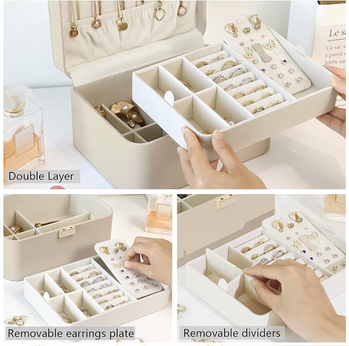 KAMIER Jewelry Organizer,2 Layer Jewelry Organizer Box for Earrings Bracelets Rings Necklaces,Luxury Leather & Soft Velvet Lined,Gift Box Packaging,Beige - Image 6