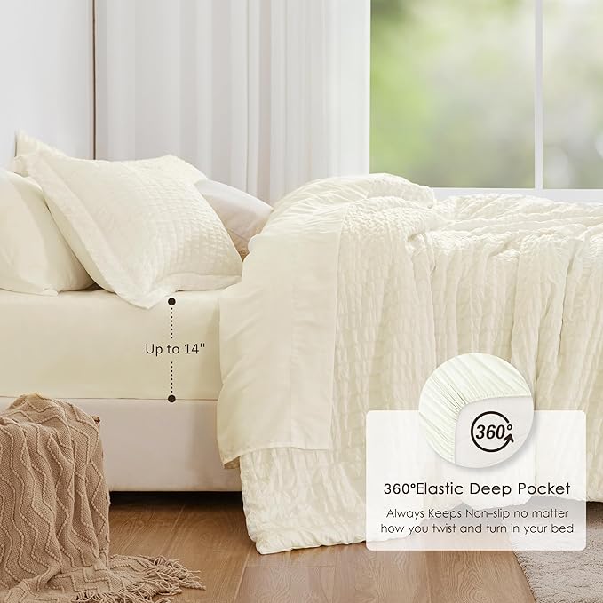 Love's cabin Seersucker Ivory Twin Comforter Set, 5-Piece All Season Lightweight Bed in a Bag Bedding Set with Comforter, Flat Sheet, Fitted Sheet, Pillowcase and Sham | Soft, Breathable, Lightweight