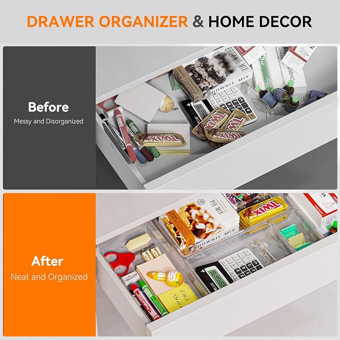 Criusia 8 Pack Drawer Organizer for Kitchen Gadgets, Large Clear Plastic Drawer Divider for Kitchen Accessories, Bathroom Organizers and Storage, Home Essentials for Makeup and Vanity Accessories - Image 5