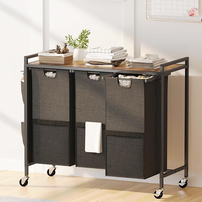 Huhote Laundry Hamper, Laundry Basket, Laundry Sorter with Top Shelf & 3 Removable Washable Bags & Side Pockets for Laundry Room organization, Bathroom and Dorm, Rustic Brown and Black by Huhote