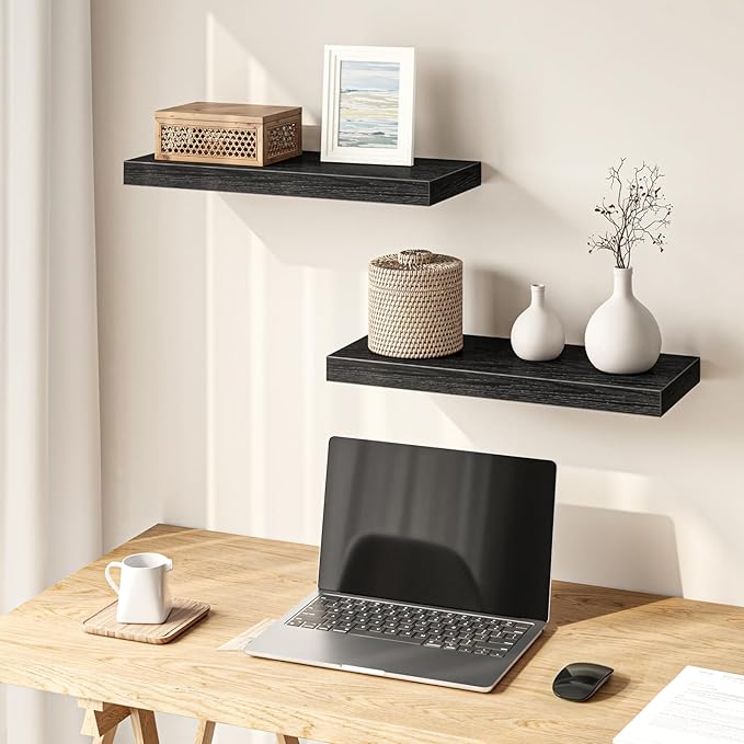 Fixwal Floating Shelves for Wall, 15.7" Wood Wall Mounted Shelves for Living Room, Bedroom, Bathroom and Kitchen, for Storage, Books, Room Decor (Black, Set of 2) - Image 4