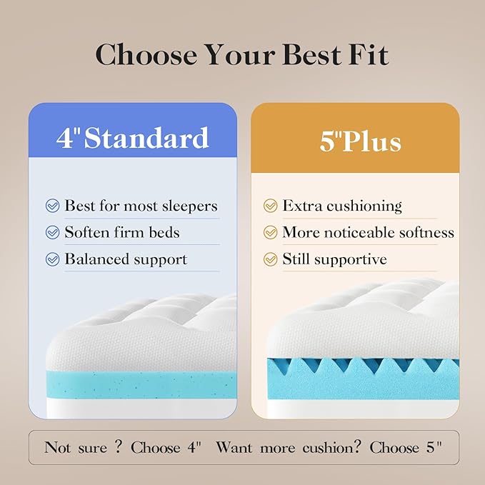 OhGeni Cooling 5 lnch Queen Size Dual Layer Mattress Topper, 3 Inch Egg Crate Gel Memory Foam, 2 Inch Pillow Top Pad, Bedroom Essentials Mattresses Cover, Extra Comfortable Sleep and Back Pain Relief