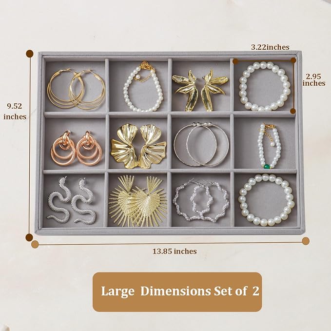 Large Velvet Jewelry Tray 2 Pack Stackable Jewelry Display Drawer Inserts Trays Organizer for Earring Bracelet Necklace Ring (Gray, 12 Grids) - Image 3