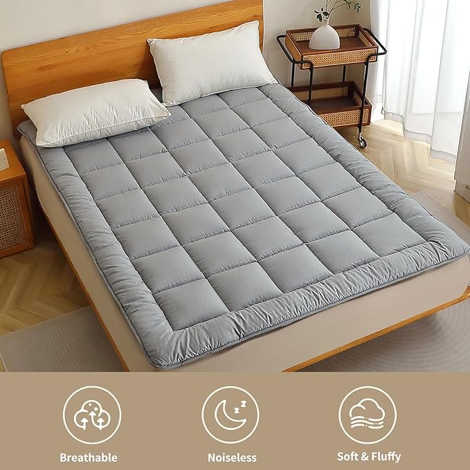 Quilted Fitted Mattress Pad, Elastic Fitted Mattress Topper Protector and Cover Stretches up to 14 Inches Deep, 4 Anchor Elastic Bands, Machine Washable (Lgrey, Full)