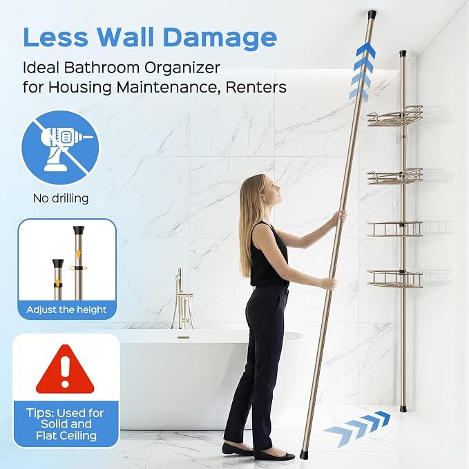 HAMITOR Shower Caddy Corner Tension Pole: 4-Tier Large Capacity Bathroom Organizer Shelves - Rustproof No-Drill Adjustable 47-123 inch Shower Storage for Renters, Home Bathtub Stand Rack, Tan Khaki - Image 3