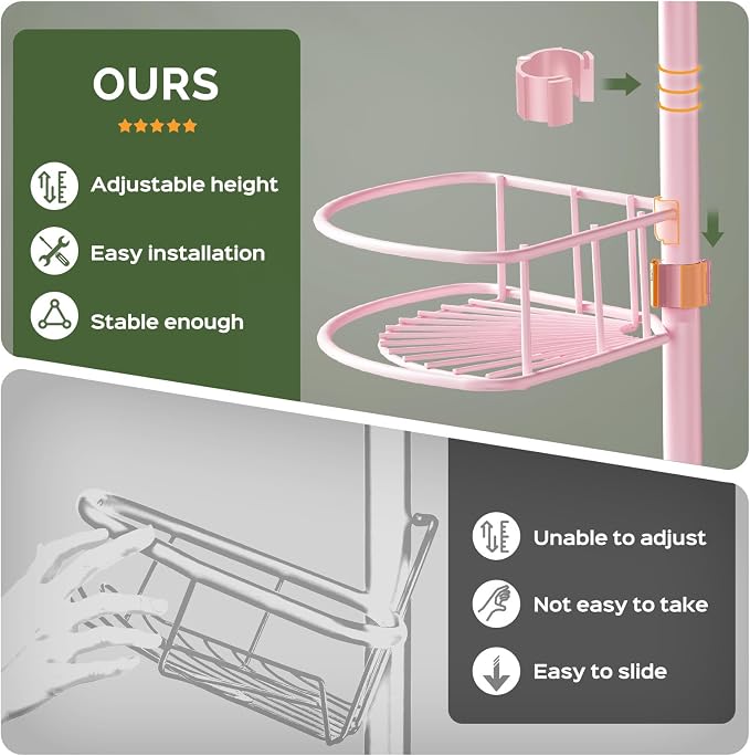 HAMITOR Corner Shower Caddy Tension Pole: 4-Tier Rust-Resistant Adjustable Bathroom Organizer Shelves - 47-121 Inch No-Drill Quick Installation - Space-Saving Storage for Renters Family - Pink - Image 3