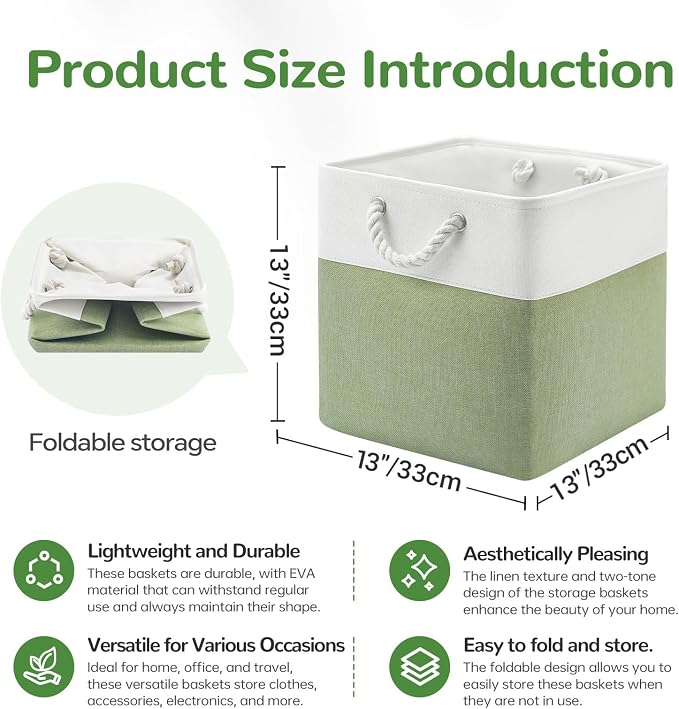 13 x 13 Inch Cube Storage Bins, 6 Pack Fabric Storage Basket with Handles, Foldable Boxes Organizer for Shelf Baskets for Home, Clothes (White/Green) - Image 7