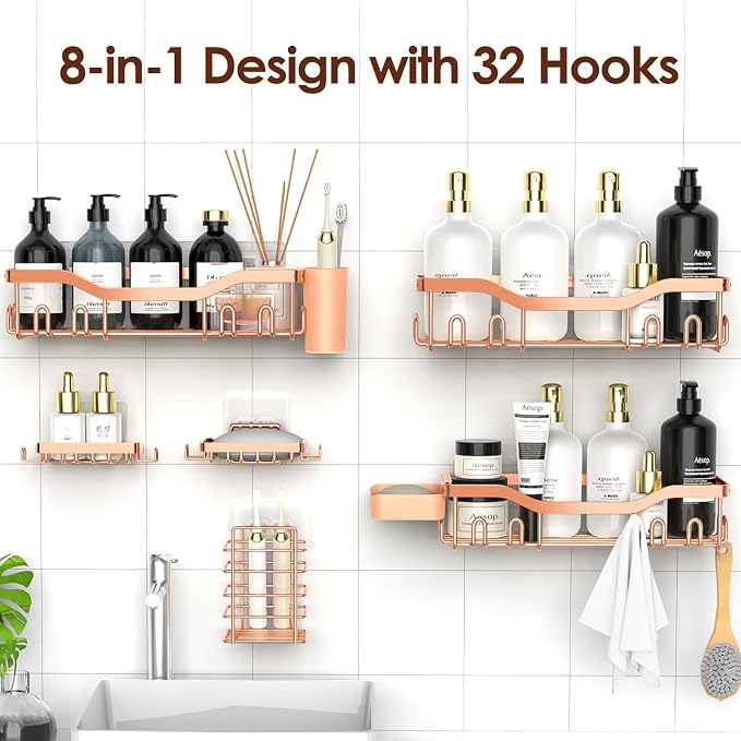 NESOMI Shower Caddy Adhesive Shower Organizer 8-Pack, Rustproof Stainless Steel Bathroom Shelves, Large Capacity No-Drill Rack Storage Accessories with Soap Dish Toothbrush Holder Hooks - Image 4