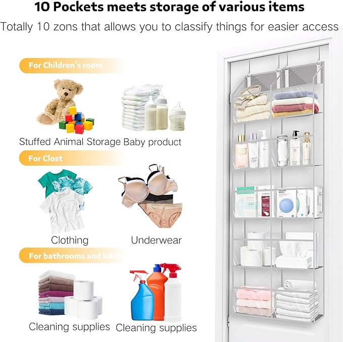 Over the Door Organizer 5 Tiers,Extra Large Behind Door Storage of 10 Compartments,50 lbs Weight Capacity Over the Door Storage, Clear Door Hanging Organizer for Closet, Diaper Organizer - Image 6