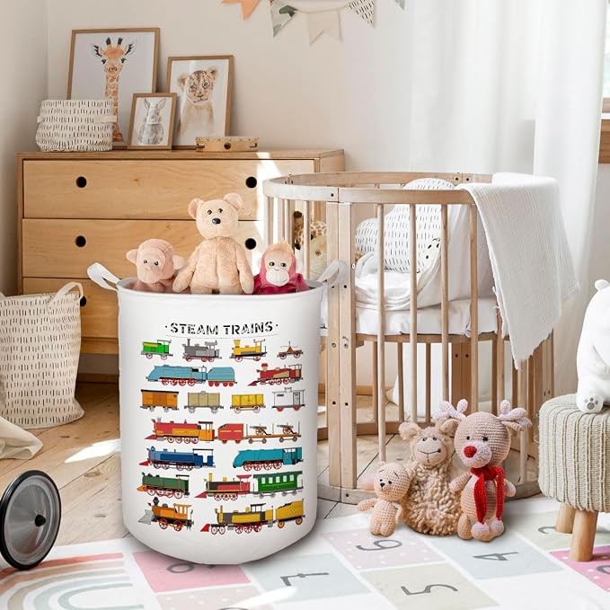 Steam Train Kids Laundry Basket, Toybox for Boys Room, Train Lover Enthusiast Gifts Laundry Basket Hamper Waterproof Collapsible Clothes Toys Storage Bin Organizer for Bedroom Bathroom Kids Room - Image 2