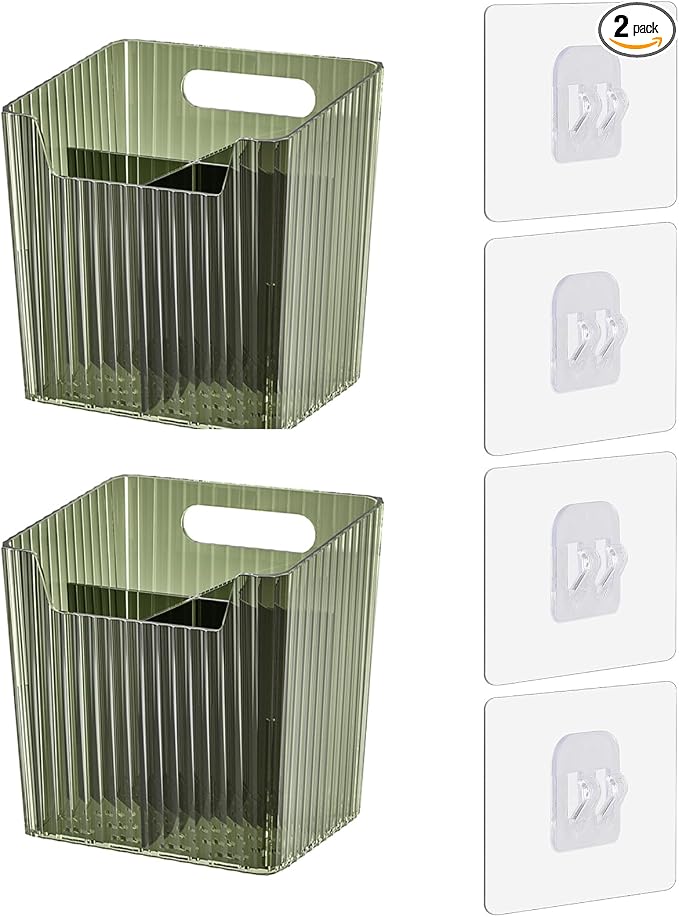 Set Of 2 Storage Organizer Bins Wall Mounted Shower Caddy, Bathroom shelves Stackable Clear Plastic Toothbrush Holder Adhesive Hanging Bin for Bathroom, Kitchen, Cabinet, Shower BPA Free Small (Green) by LaeNuvole