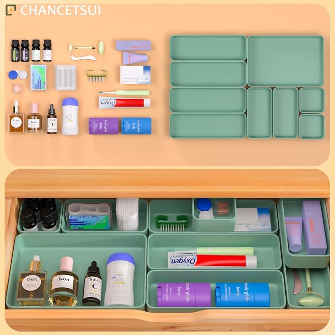 CHANCETSUI 9 Pcs Stackable Drawer Organizer Trays Set, Green, Multifunctional Storage for Vanity, Bathroom, Kitchen, Desk Drawer Organizer Office, PET Plastic - Image 3